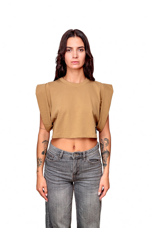 Camel Cotton Top Crop T-Shirt