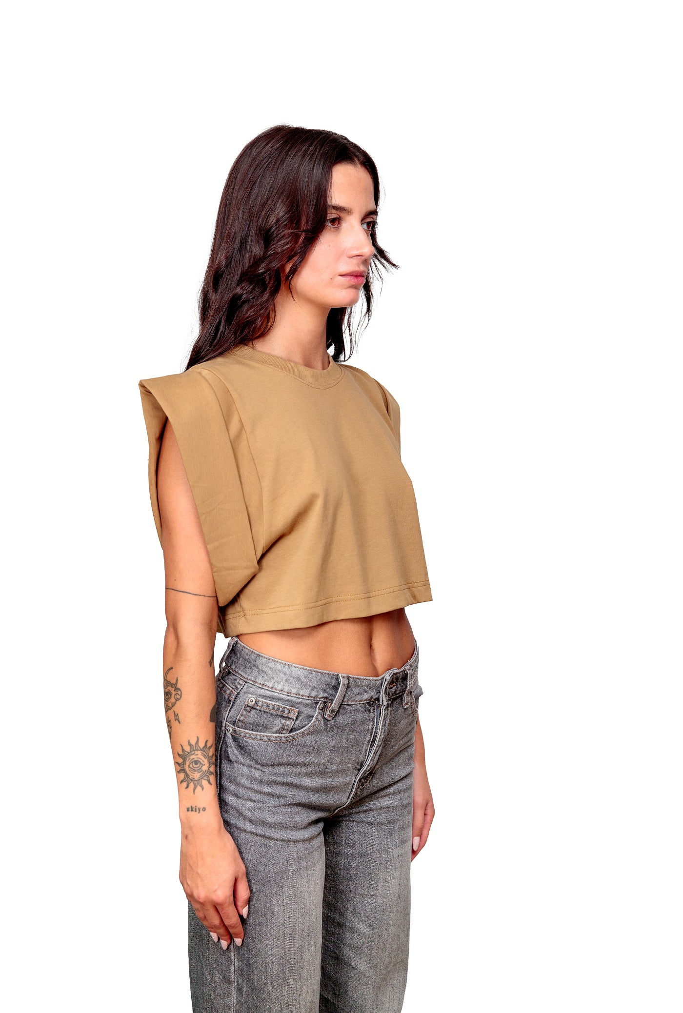 Camel Cotton Top Crop T-Shirt