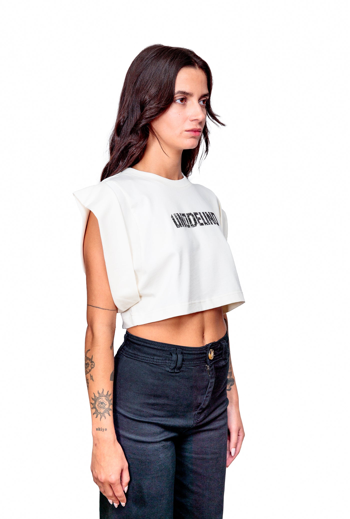Off-white Cotton Black Printed Top Crop T-Shirt