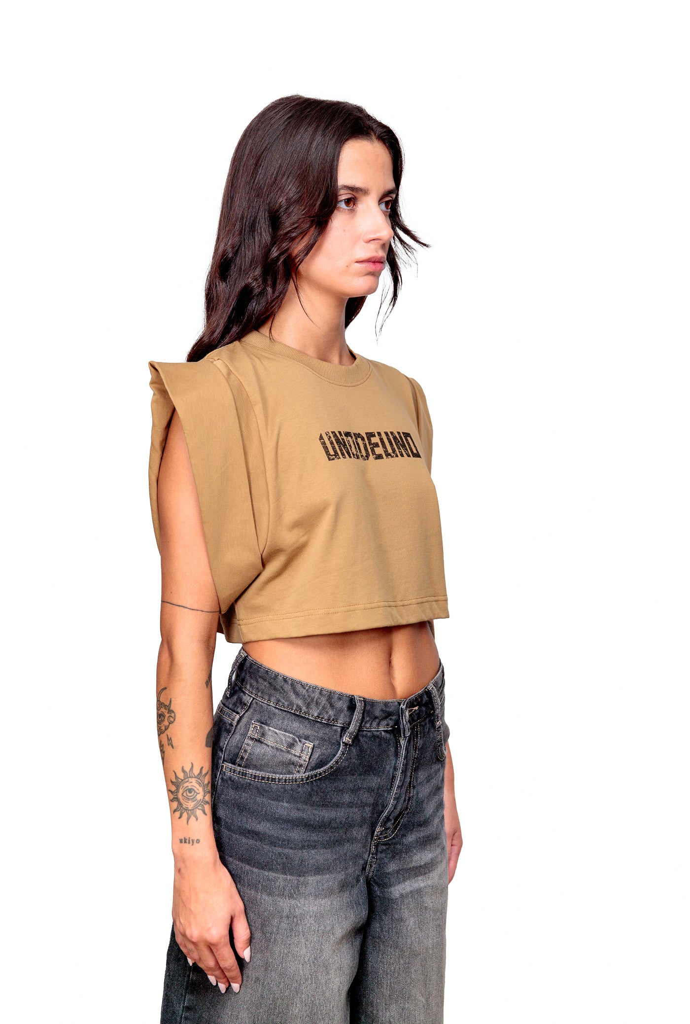 Camel Cotton Black Printed Top Crop T-Shirt