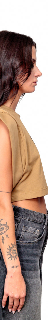 Camel Cotton Black Printed Top Crop T-Shirt