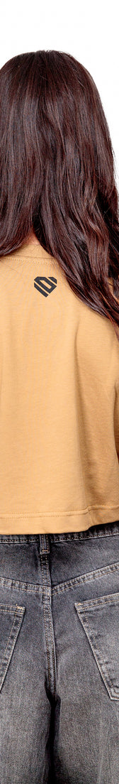 Camel Cotton Black Printed Top Crop T-Shirt