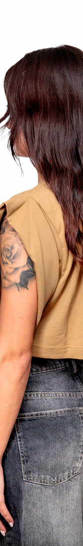 Camel Cotton Black Printed Top Crop T-Shirt