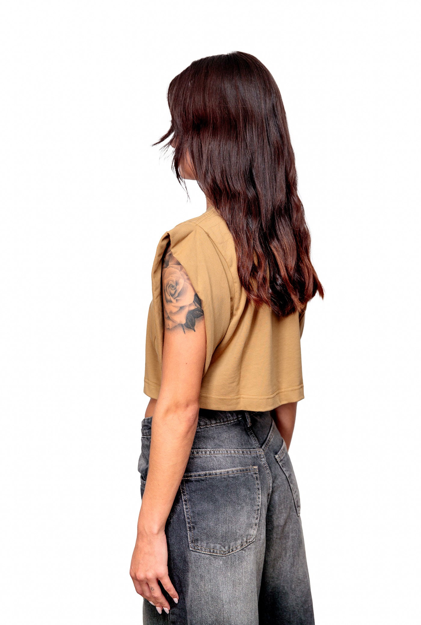 Camel Cotton Black Printed Top Crop T-Shirt