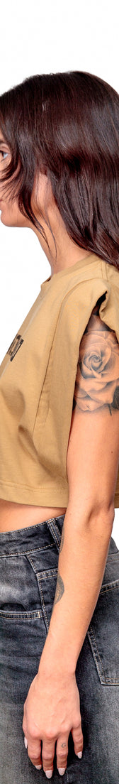 Camel Cotton Black Printed Top Crop T-Shirt