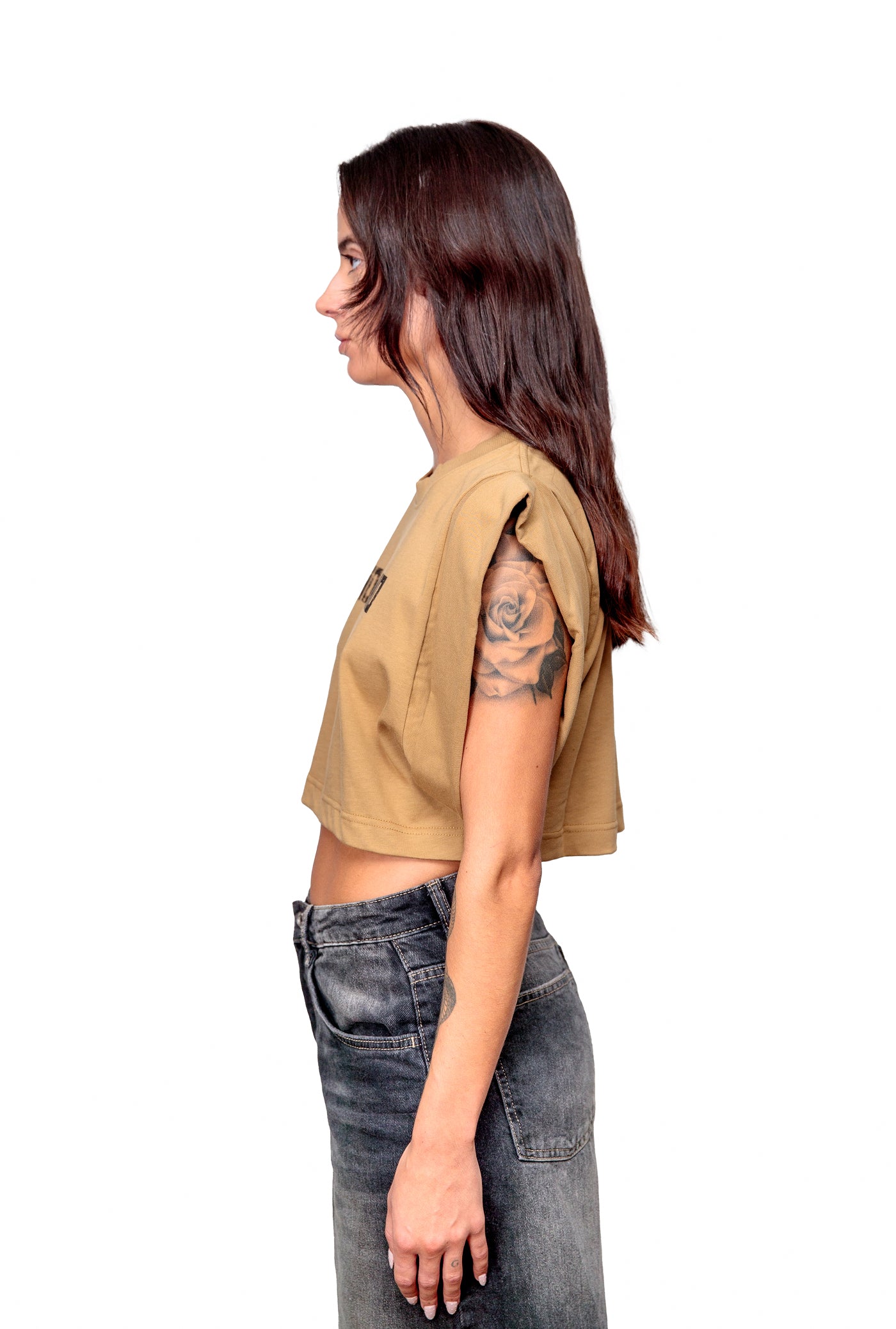 Camel Cotton Black Printed Top Crop T-Shirt
