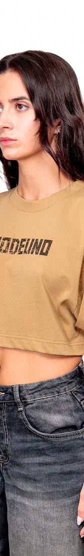 Camel Cotton Black Printed Top Crop T-Shirt